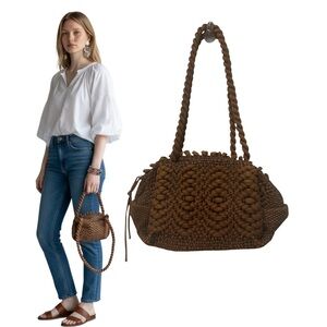 Handwoven Brown Boho Top-Handle Bag – Braided Strap Knit Purse with Zip Closure